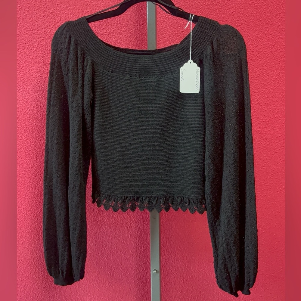 Black Stretchy Off Shoulder Blouse with Lace Hem